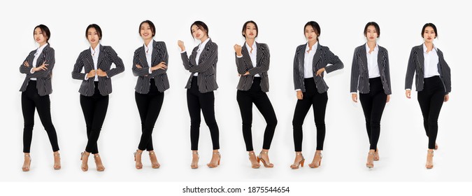 Different Pose Of Same Asian Woman Full Body Portrait Set On White Background Wearing Formal Business Suit In Studio Collection .