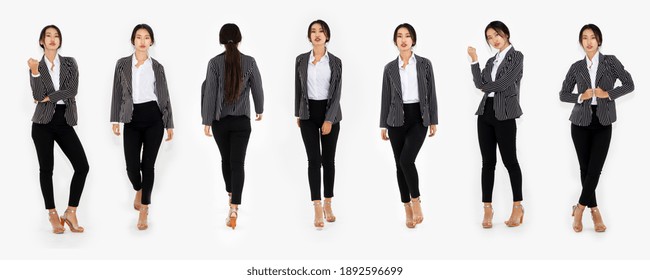 Different Pose Of Same Asian Woman Full Body Portrait Set On White Background Wearing Formal Business Suit In Studio Collection .