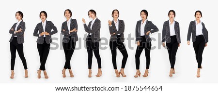 Different pose of same Asian woman full body portrait set on white background wearing formal business suit in studio collection .