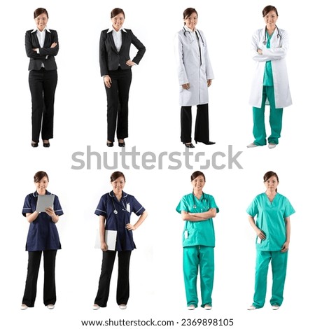 Different poses of the same female model wearing business and medical clothing. Isolated over white background.