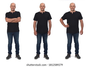 different poses of the same man seen from the head-on on white background. 