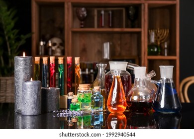 Different potions on alchemist's table