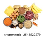 Different products rich in iron on white background, top view. Anemia diet plan