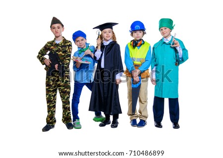 Different professions. A group of children dressed in costumes of different professions. Isolated over white.