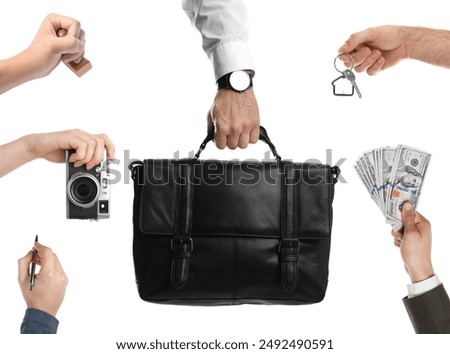 Different professions. Many various tools in people's hands isolated on white, closeup