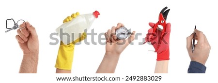 Different professions. Many various tools in people's hands isolated on white, closeup