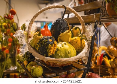 
Different pumpkins placed decoratively in a wicker basket. Autumn harvest. Agriculture
