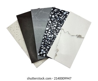 Different Quartz Samples Swatch For Kitchen Counter Top With Precise Processed Edges Isolated On Background With Clipping Path. Multi Color And Pattern Of Artificial Stones (focused At Black Pebble).