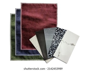 different quartz samples swatch for kitchen counter top matching with multi color of velvet drapery samples isolated on background with clipping path. multi color and pattern of interior materials.