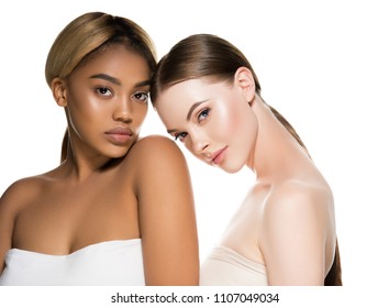 Different races woman beauty portrait isolated on white african girl and caucasian female
