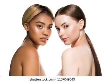 Different Races Woman Beauty Portrait Isolated On White African Girl And Caucasian Female