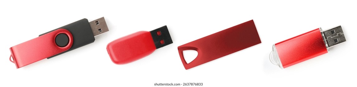 Different red flash drives isolated on white, collage. Top view