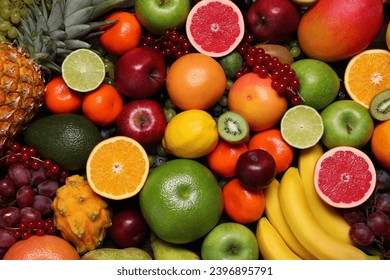 Different ripe fruits and berries as background, top view - Powered by Shutterstock