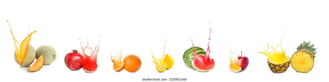 Different ripe fruits with splashes of juice isolated on white