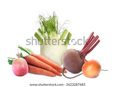 Different root vegetables isolated on white. Onion, beet, carrots, celery root, turnip