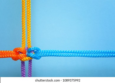 Different Ropes Tied Together With Knot On Color Background. Unity Concept