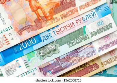 Different Russian Rubles Background. Cash, Currrency, Banknotes Bank Russia. Wealth Financial Safety Concept