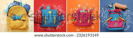 Different school backpacks with stationery on colorful background, top view