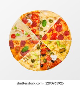 Different Segments Of Pizza In One Ring On White Background, Top View. Pizza For Every Taste Concept