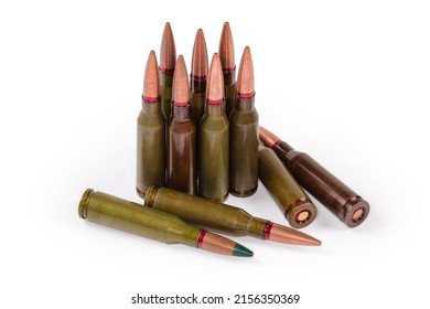 Different Service Rifle Cartridges Caliber 5.45×39mm Close-up On A White Background
