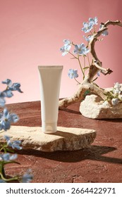 Different shape of stone podiums surrounded by pale blue flowers on a soft pastel wall, perfect for a serene and refined display scene. A white empty tube display on stone, mockup for design