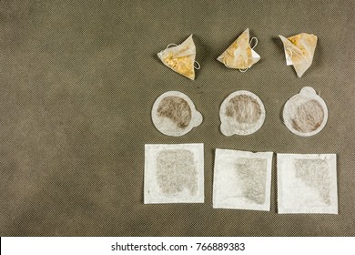 Different Shapes Of Bags With Tea Or Herbs For Brewing.