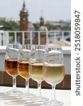 Different sherry jerez wine tasting on roof of old Triana district in Sevilla with view on Sevilla houses and churches, wine glasses, South of Spain, Andalusia