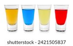 Different shooters in shot glasses isolated on white. Alcohol drink