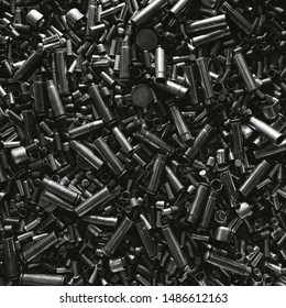 Different Size Bullet Shells On The Black Ground. War Concept. Production Of Ammunition At The Factory. Brass Bullet Shell, Ammunition Manufacturing Process