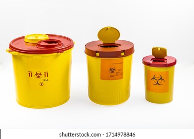 Different Sizes Of Medical Waste Bins (1.3, 2, 3, 5 Liter). Yellow Biohazard Medical Contaminated And Sharp Clinical Waste Container Isolated On White Background.