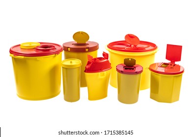 Different Sizes Of Medical Waste Bins (1.3, 2, 3, 5 Liter). Yellow Biohazard Medical Waste Container Medical Disposal Bins Sharp Disposal Safe Containers On White Background.