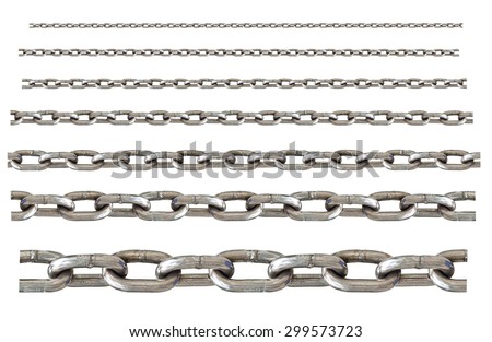 different sizes of stainless chain isolated on white background, can be connected unlimited each.