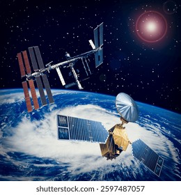 Different spaceships above the earth. The elements of this image furnished by NASA. 