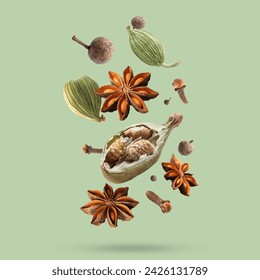 Different spices falling on light green background