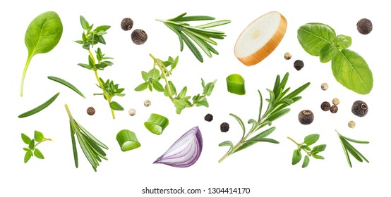 Different spices and herbs isolated on white background, basil leaf, thyme, green onion, black pepper, rosemary, top view - Powered by Shutterstock