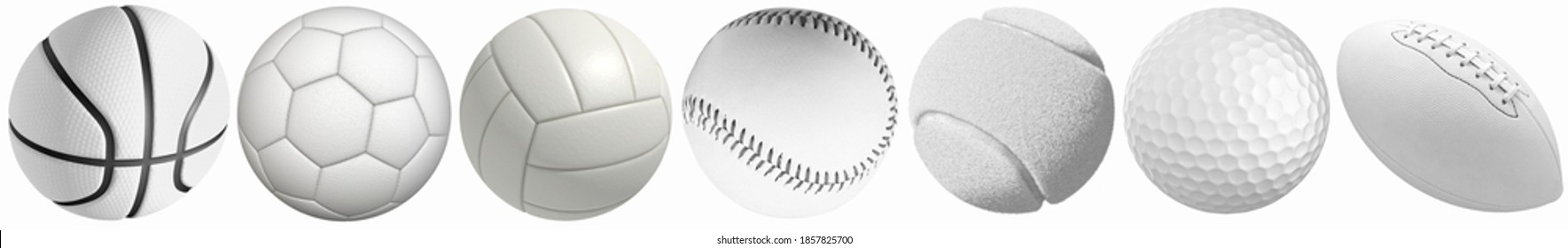 Different sports balls in a row: golf, basketball, volleyball, football, tennis, rugby, baseball isolated on a white background.
