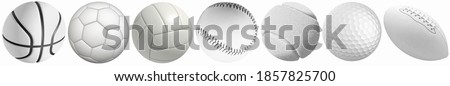 Different sports balls in a row: golf, basketball, volleyball, football, tennis, rugby, baseball isolated on a white background.