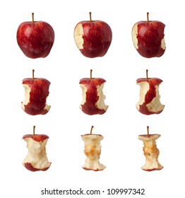 Different stages of an apple being eaten isolated on white background