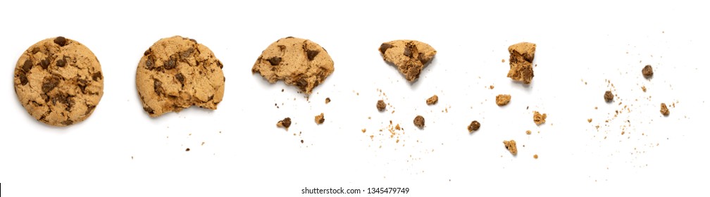 Different stages of eaten cookie isolated on white background