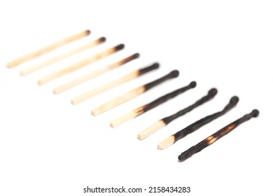 Different Stages Of Match Burning. Burnt Matches Isolated On White Background.