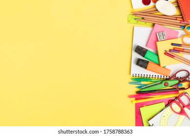 A Lot Of Different Stationery On A Yellow Background. Supplies For Students.