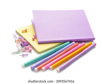 Different Stationery Supplies On White Background