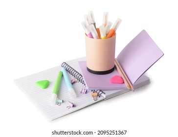 Different Stationery Supplies On White Background