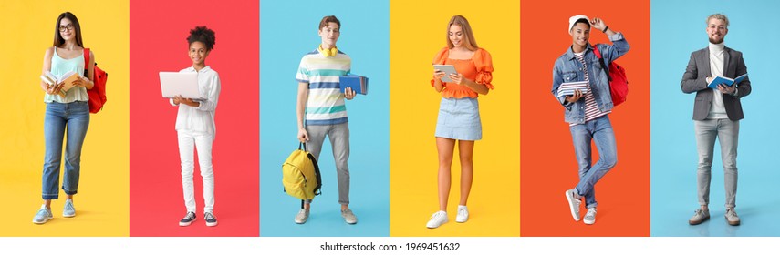 Different students on color background