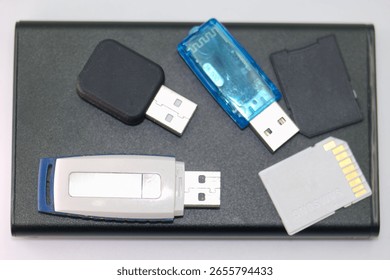 Different styles of USB drives and a memory card are displayed on a black surface, showcasing their designs and functionality for data storage and transfer.