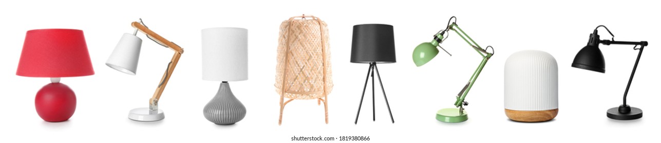 Different stylish lamps on white background