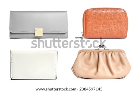 Different stylish leather purses isolated on white, set