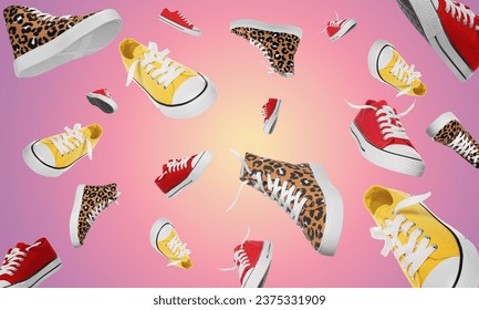 Different stylish sneakers falling on gradient color background