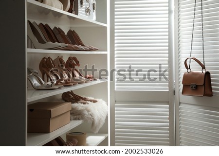 Different stylish women's shoes on shelving unit in dressing room