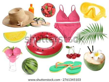 Different summer related objects on white background, collection